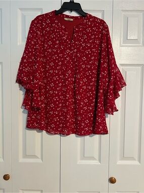 Timeson Red Floral Ruffle Sleeve Blouse